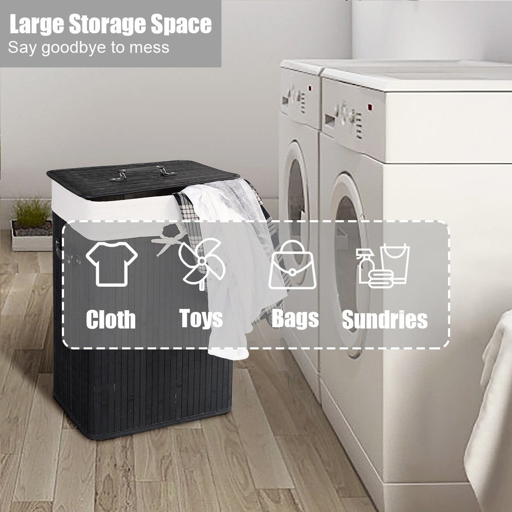 Costway Rectangle Bamboo Hamper Laundry Basket Washing Cloth Bin Lid Black