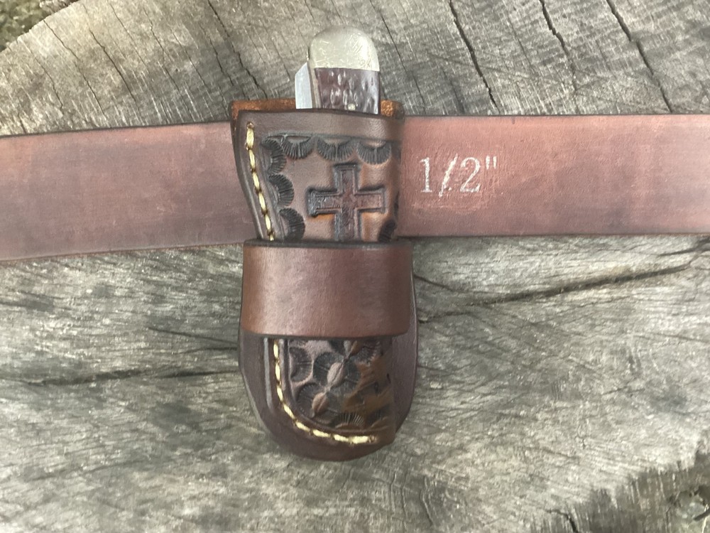 Leather Folding Knife Belt Loop Sheath Trapper Size (Sheath Only)