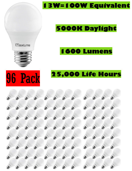 96 Pack Light Bulbs Maxlite 13w LED = 100 Watt Replace A19 Day Light 5000K 100w