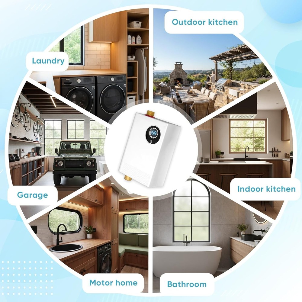 110V Tankless Electric Water Heater, 3000W Compact Under-Sink Heater, Adjustable