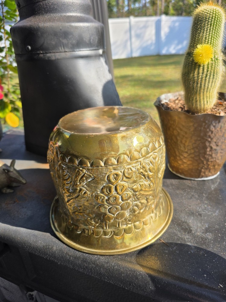Vintage Embossed Brass Planter Medium Grape Leaf Design Boho Decor India Style