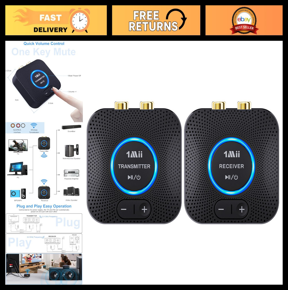 Wireless Audio Transmitter Receiver Set - 262Ft Long Range, Low Latency, AUX RCA