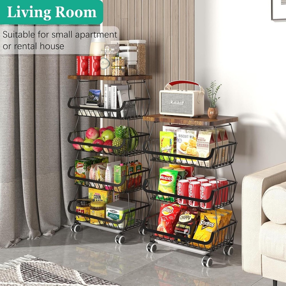 Fruit Basket with Wooden Lid,4 Tier Stackable Fruit and Vegetable Storage Basket