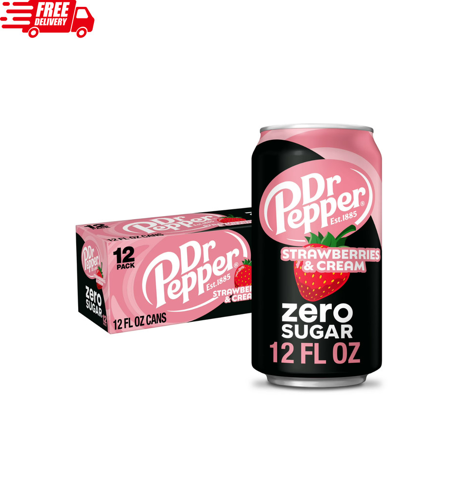 Dr Pepper Zero Sugar Strawberries & Cream Soda 12oz 12 Pack Cans Refreshing
