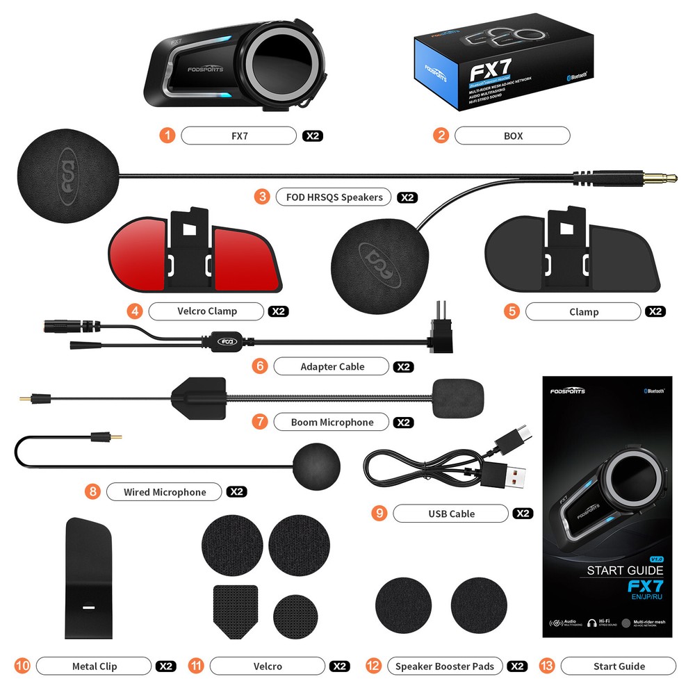 2x FX7 Motorcycle Intercom Headset Bluetooth Helmet 2km 10 Riders Communication