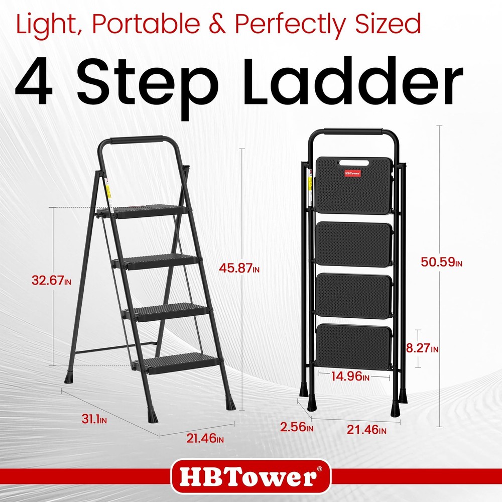 HBTower Step Ladder, Stool Foldable for Adults with 4 Black