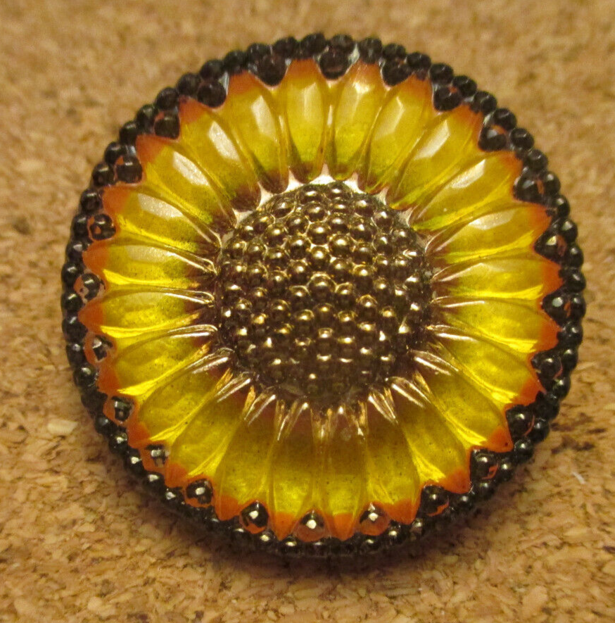 1-Czech Glass Multicolored Sun Flower-UV Reactive Reverse Painted Button #35