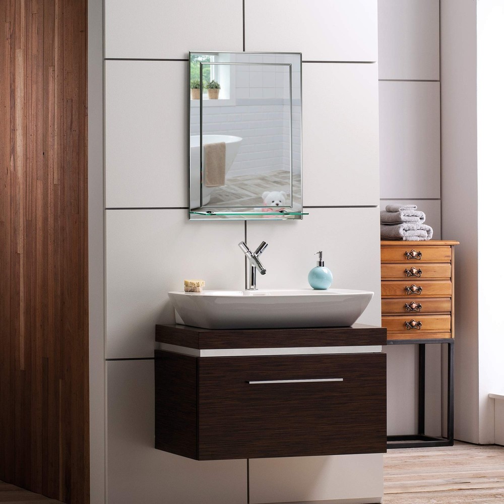 Mood Rectangular Bathroom Mirror with Shelf, (20 x 16 inch) Wall Mounted & Do...
