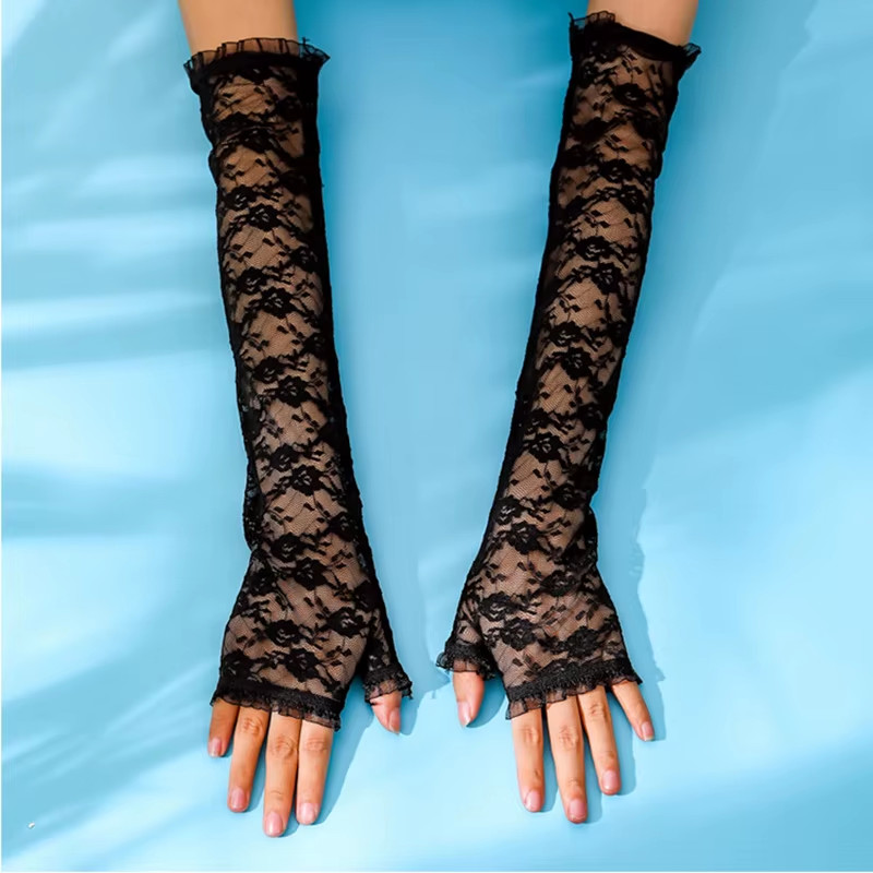 Long Lace Hollow-Out Fingerless Gloves Sun Protection Sleeves Mesh Lace Thin Cyc