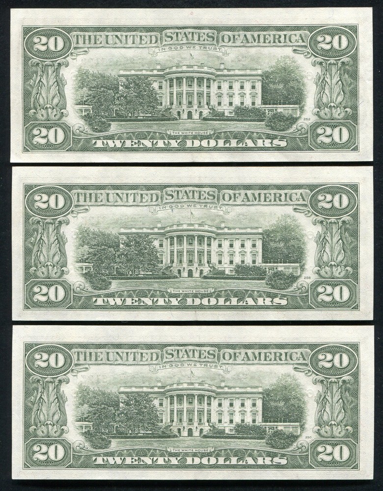 (3) CONSECUTIVE 1981-A $20 FRN’S “OVERINKING ON FACE ERROR” ABOUT UNC