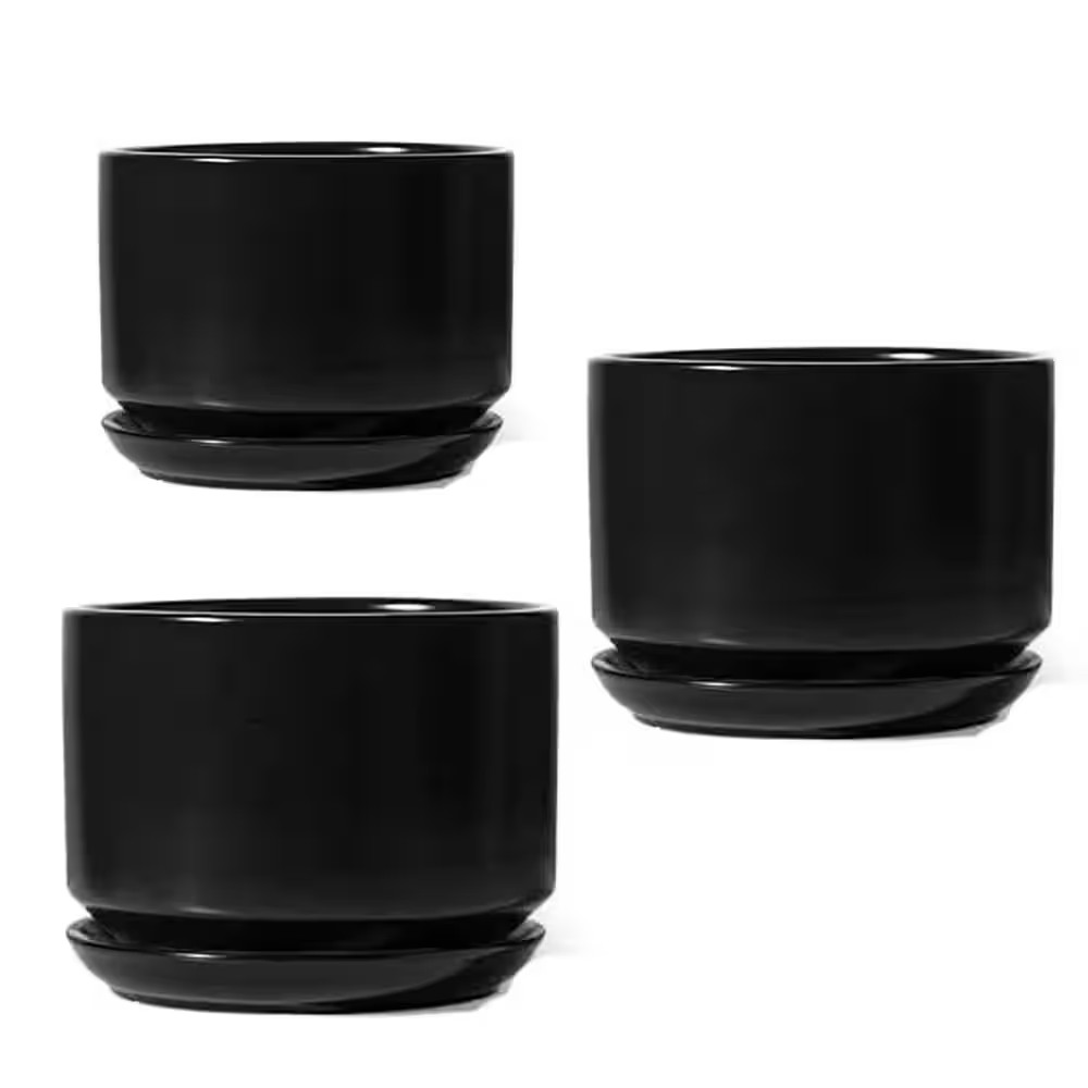 4.3/5.3/6.8 In. Samll Black Ceramic round Planter Set (3-Pack)