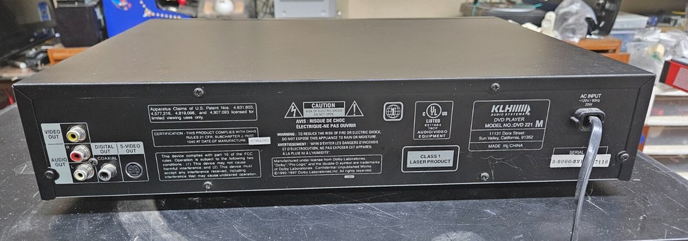 KLH DVD 221 DVD Player NO Remote WORKING