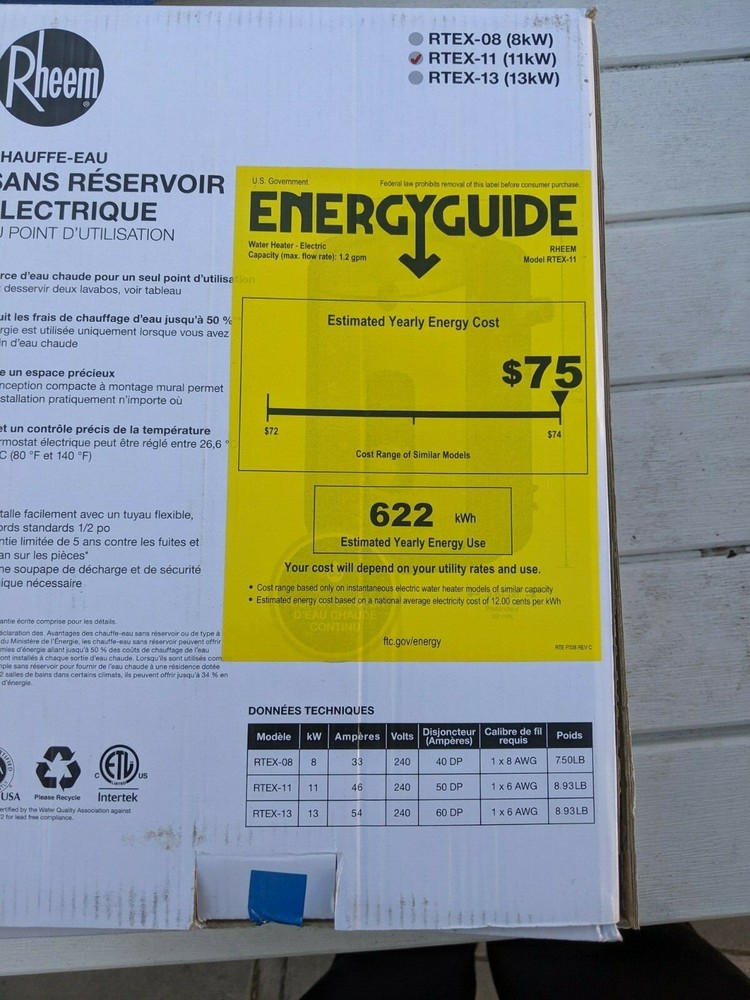 Rheem Rtex-11 208/240Vac, Both Electric Tankless Water Heater, General Purpose,