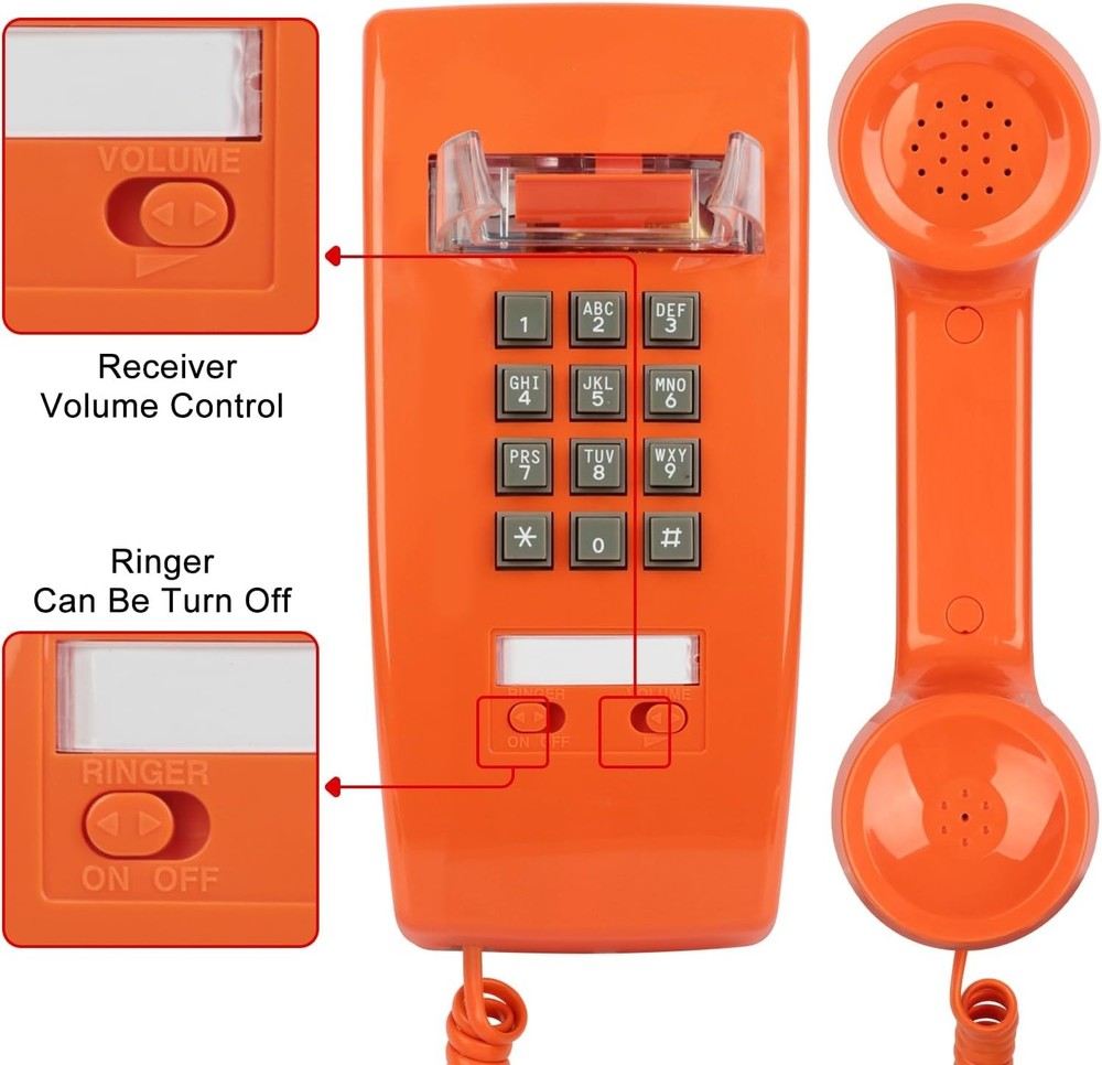 Classic Orange Wall Phone, Loud Mechanical Ring=