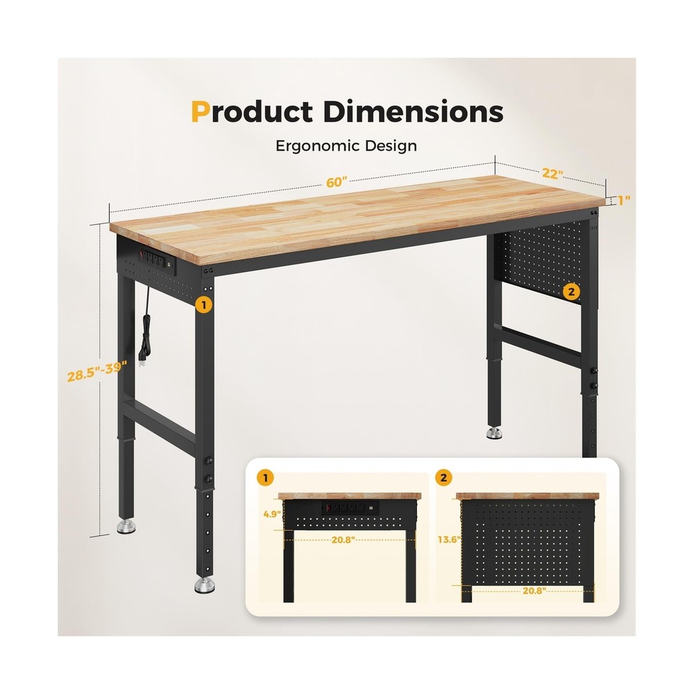 60" Adjustable Heavy Duty Workbench, 2000 LBS Load Capacity Rubber Wood Work ...