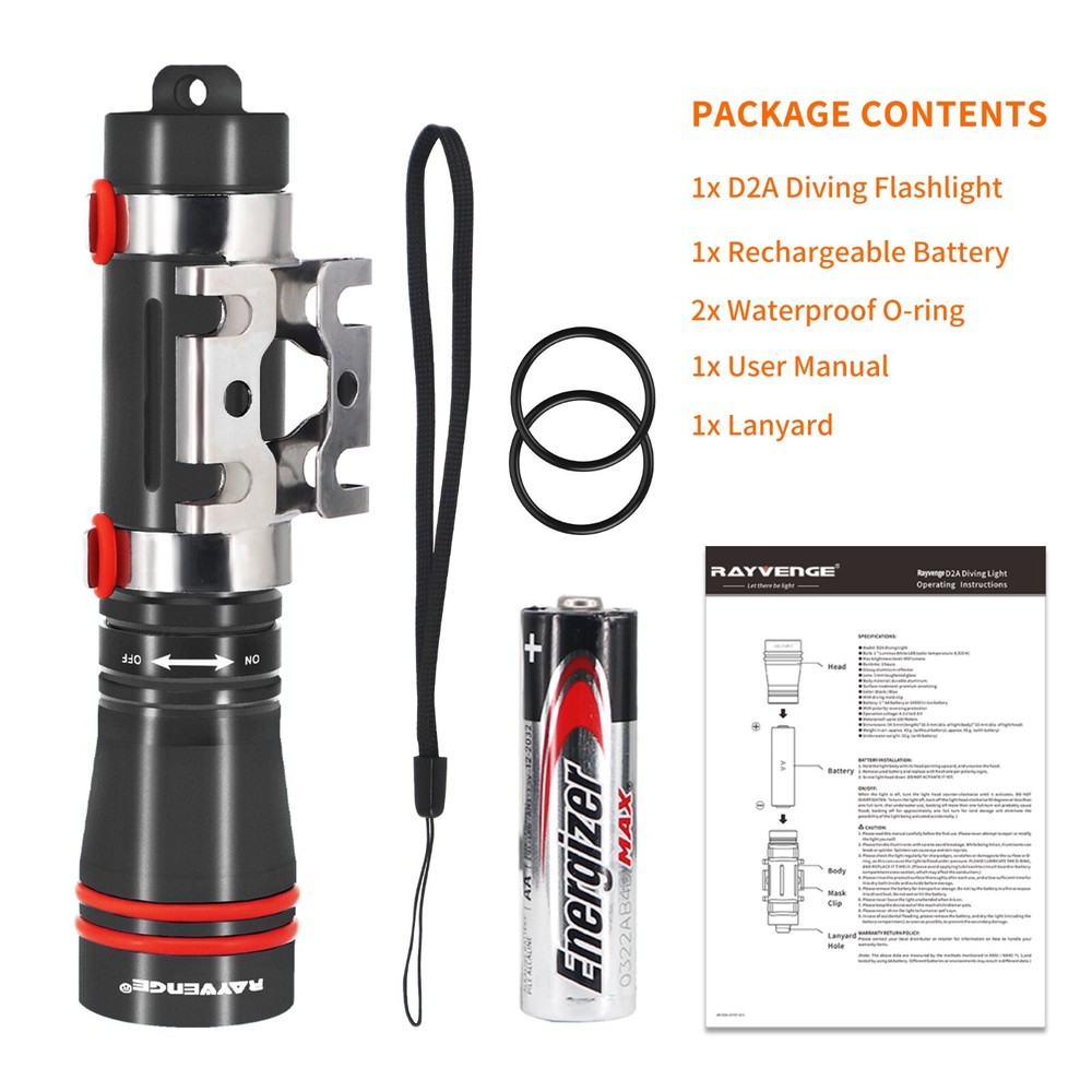 D2A Diving Flashlight Mini Scuba Dive Headlamp Underwater 100M Backup (Black)