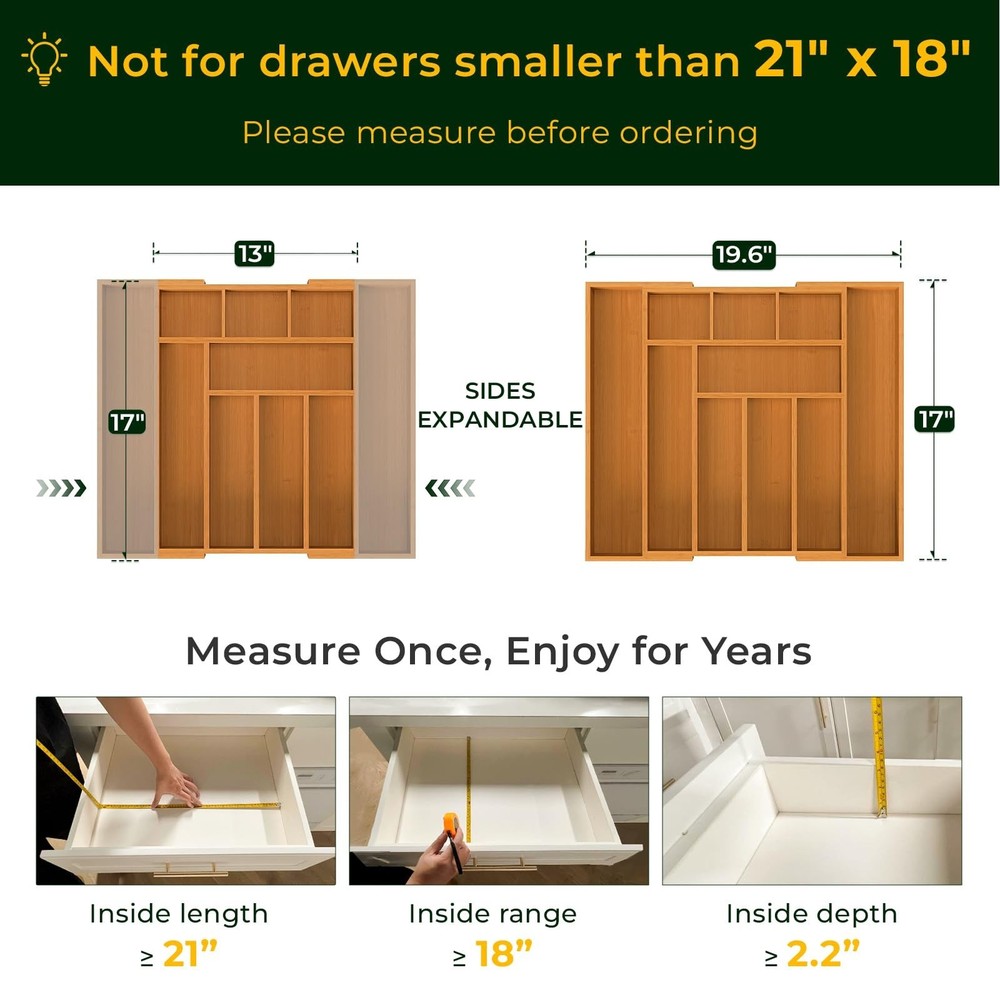 Carbonized Bamboo Kitchen Drawer Organizer, 10 Slots Expandable Silverware Or...