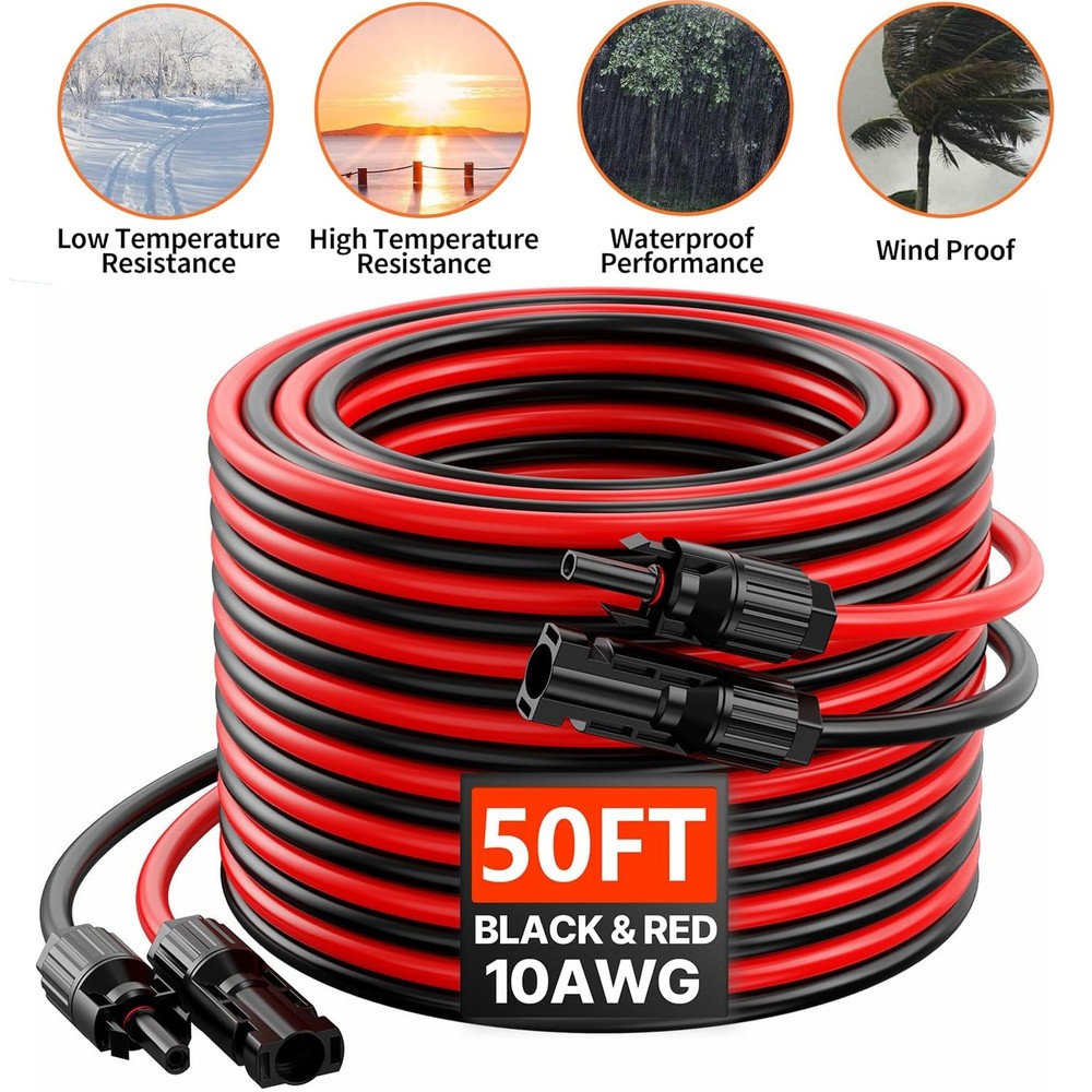 50ft Black + 50ft Red 10AWG Solar Panel Extension Cable Flexible Wire Connectors