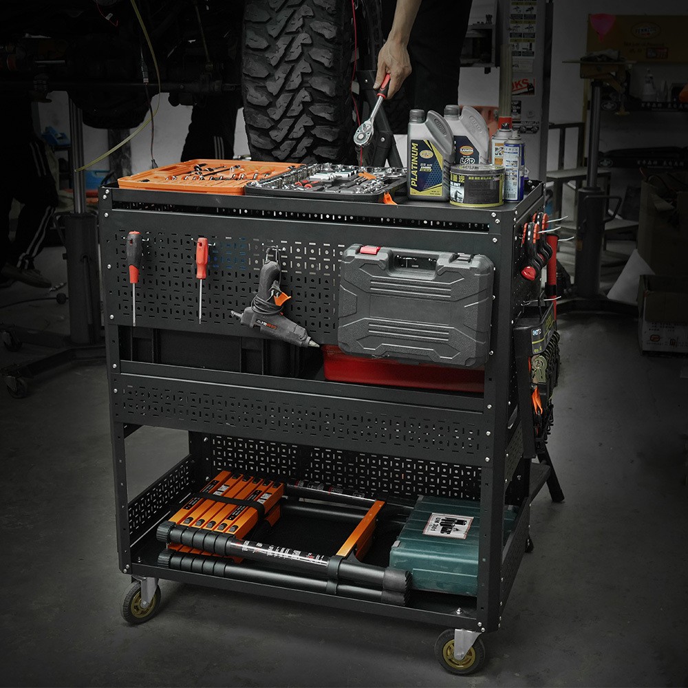 3-Tier Rolling Tool Cart Wheels Storage Pegboard Organizer for Garage Workshop