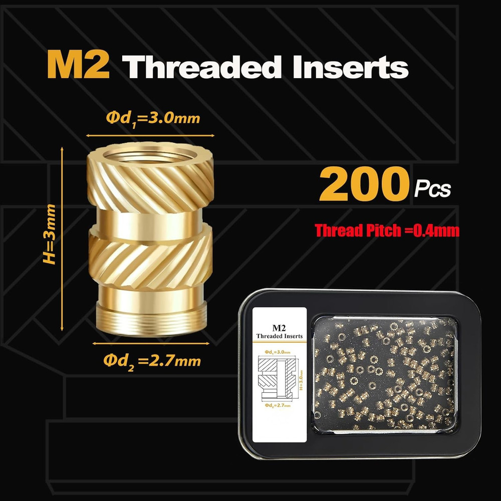 200 insertos roscados M2 para componentes de impresión 3D, tuercas moleteadas de