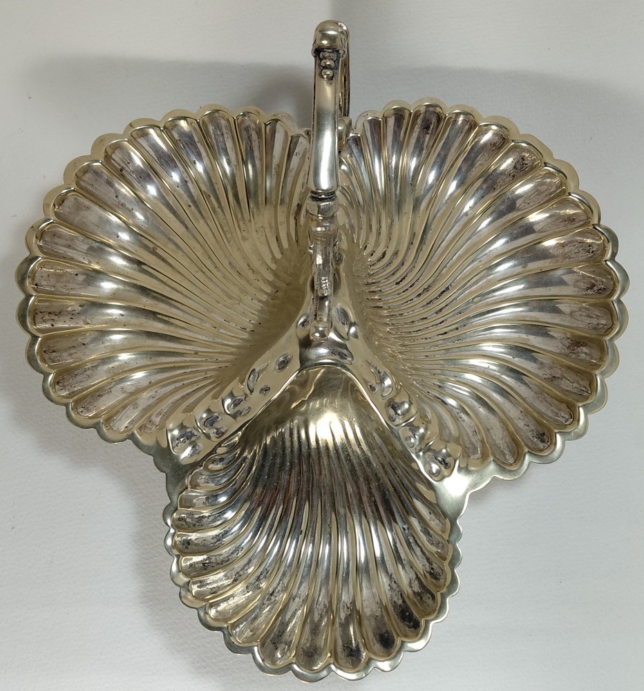 Antique Silverplate 3 Compartment Scallop Shell Seashell Handled Serving Dish