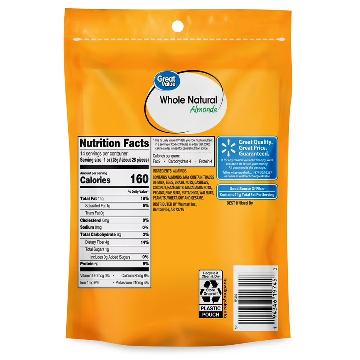 Great Value Whole Natural Almonds, 14 oz