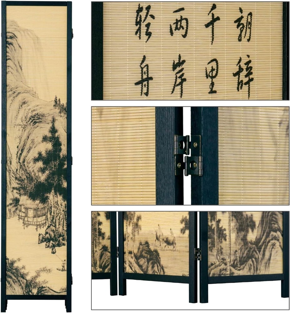 6-Panel Bamboo Screen Freestanding Room Divider with Asian Calligraphy Artwork