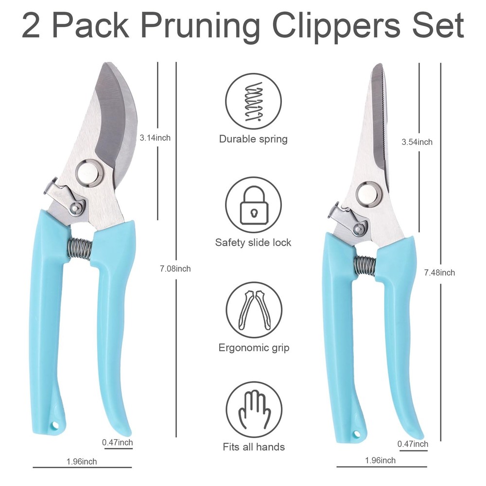 2 Pack Pruning Shears, Stainless Steel Garden Sharp Compact, Blue