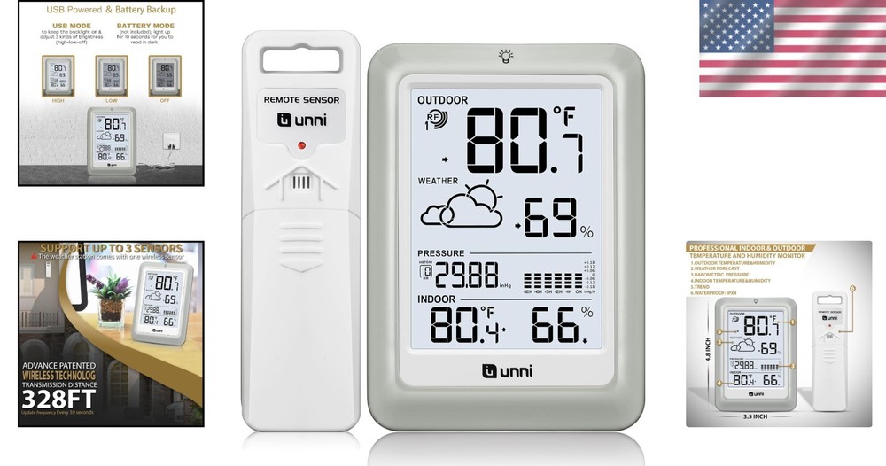Wireless Weather Station with 330ft Range Sensor and Adjustable Backlight White