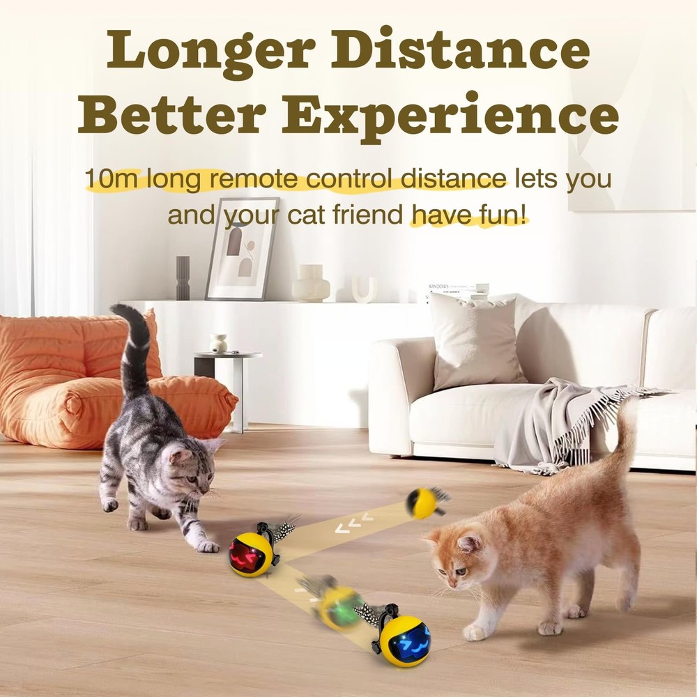 Moving Ball Cat Toy with Feather Tail Remote Control Interactive Kitten Toy