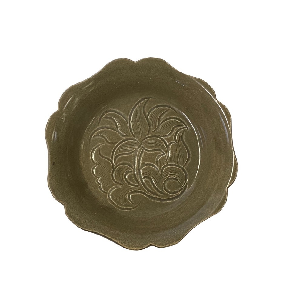 Chinese Ding Ware Tan Olive Glaze Flower Pattern Ceramic Bowl Display ws3280