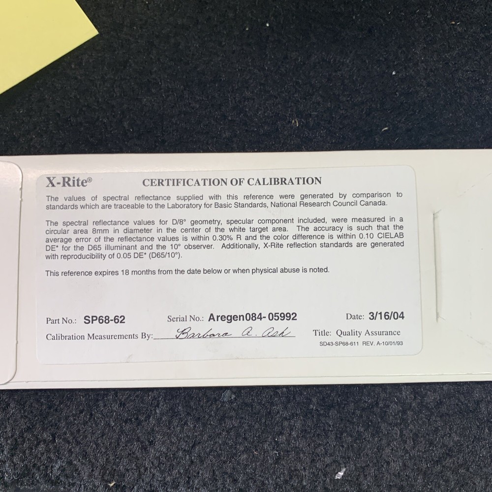 X-RITE SP68 SPECTROPHOTOMETER Reflection Standard Test Plate, Cables