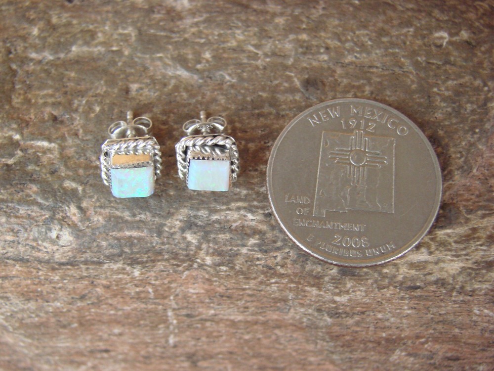 Zuni Indian Sterling Silver Square White Opal Post Earrings by Chuyate