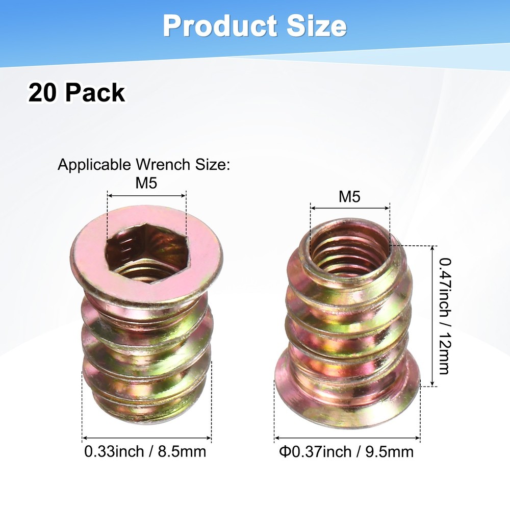 20-Pack Threaded Inserts for Wood, M5x12mm Threaded Insert Nuts [Gold Tone]