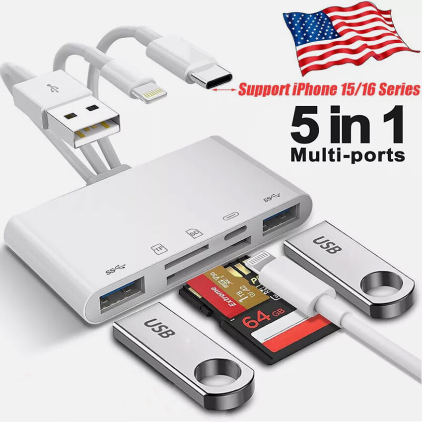 5 in1 Multi-Ports Reader USB3.0 OTG Adapter SD Card Reader For iPhone 17/iPad/PC