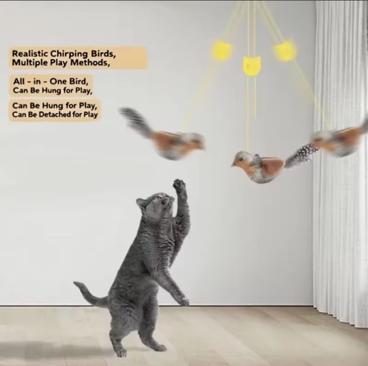 Interactive Flapping Bird Cat Toy Plush Sparrow, Chirping, Detachable, Hangable