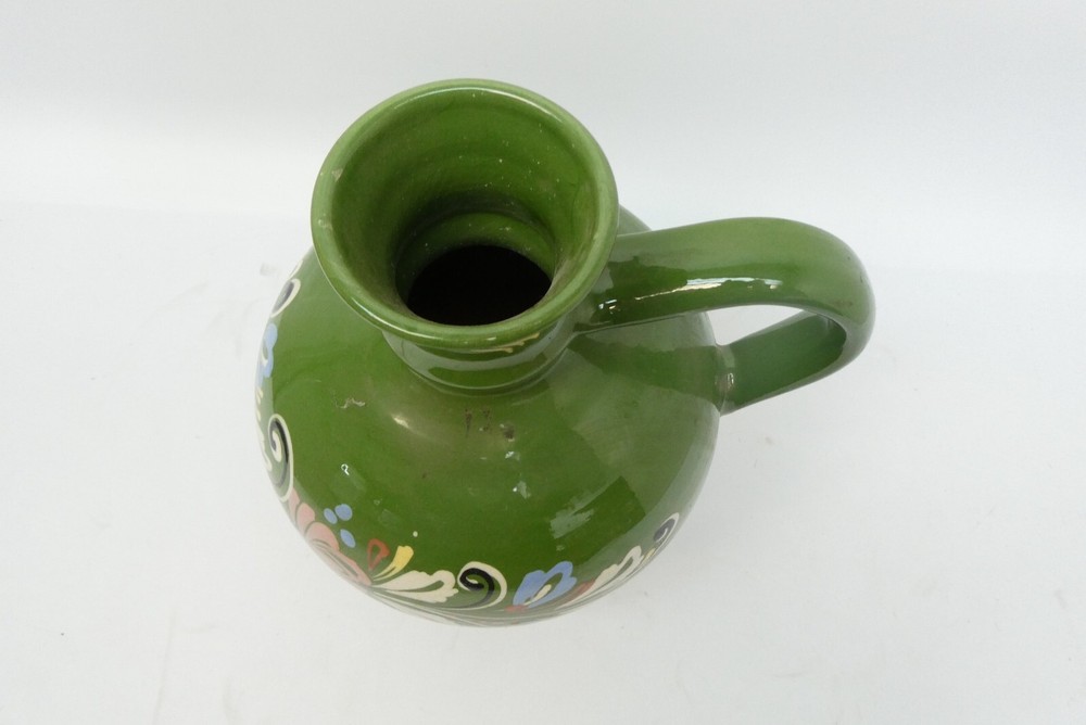 Green Hand Painted Made in Morocco Ceramic Floral Pattern Redware Jug One Handle