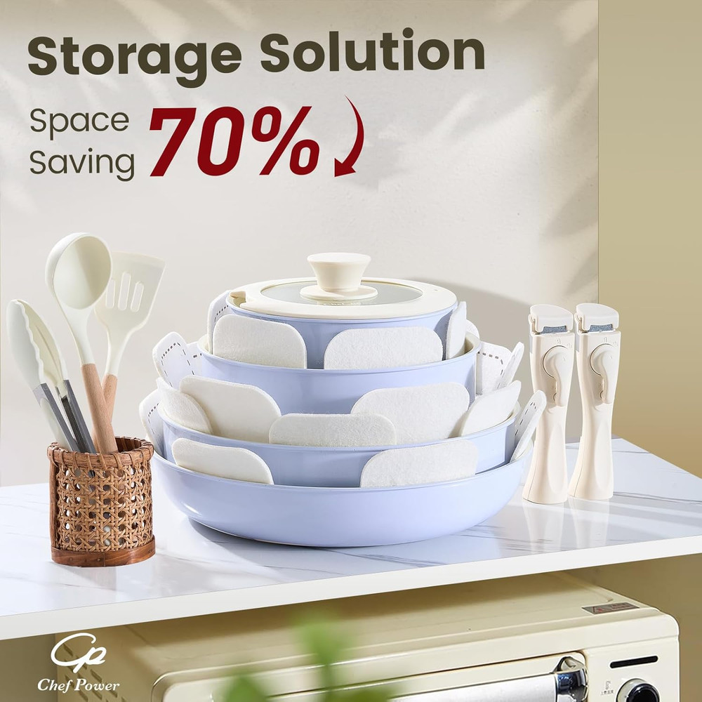 Ceramic Nonstick Pots and Pans Set 19 Piece with Detachable Handle,