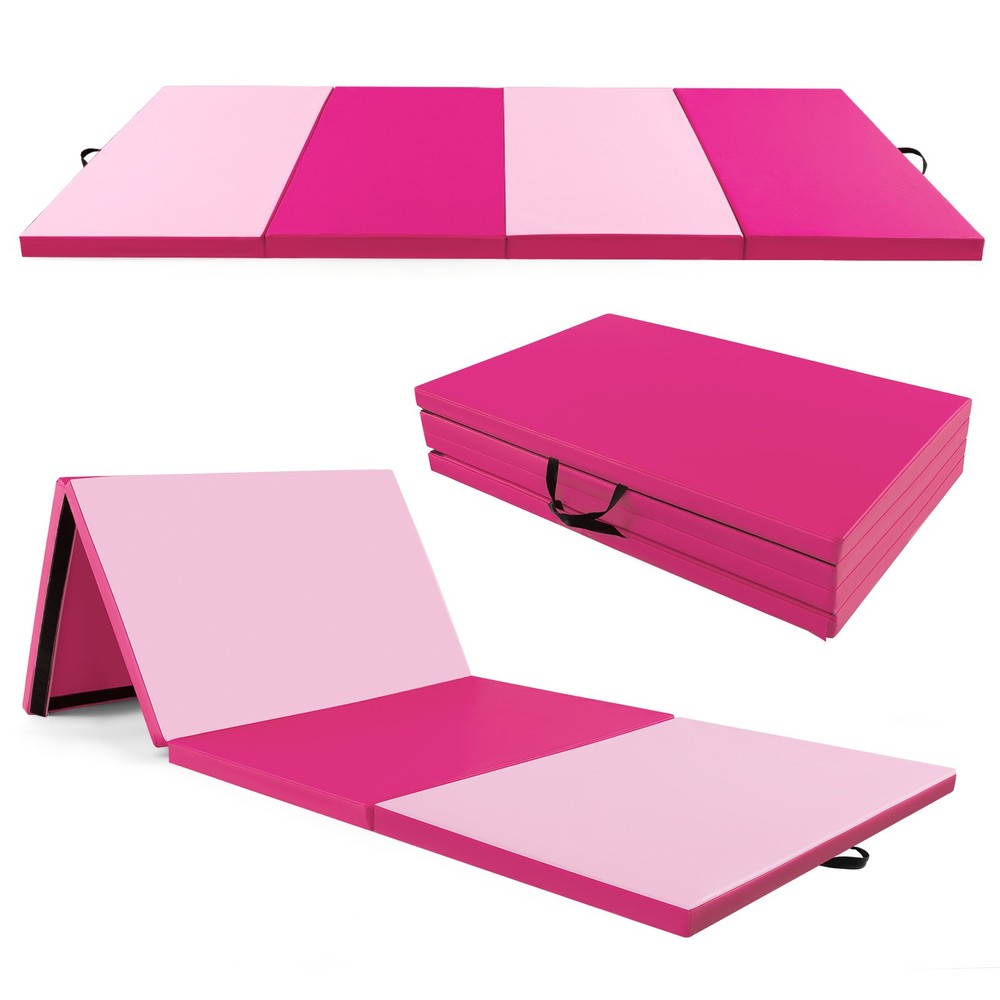 2" 4-Panel Folding Gymnastics Mat with Hook & Loop Fasteners, Handles Rose Red