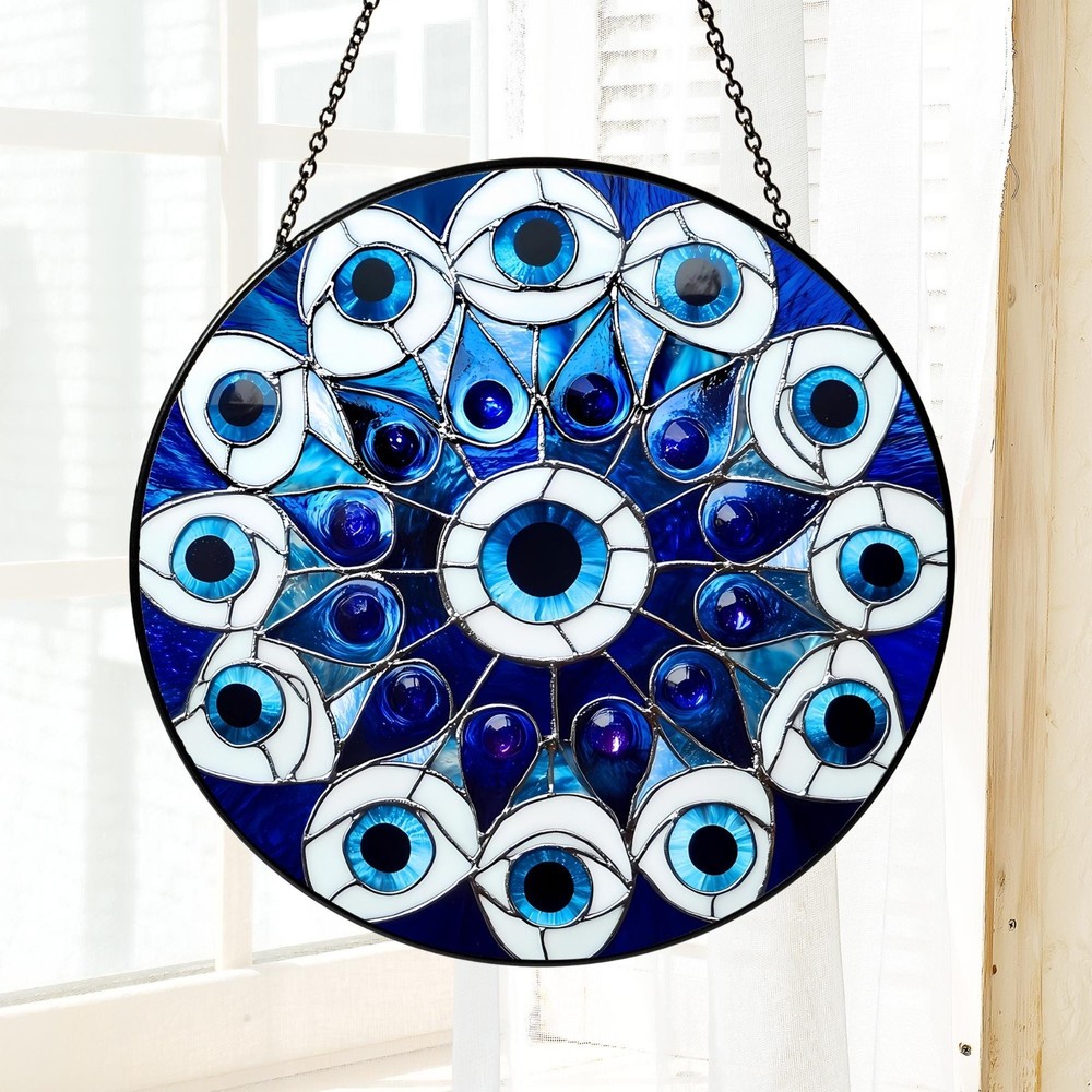 Evil Eye Stained Glass Suncatcher – Blue Round Hanging Window Panel Decor