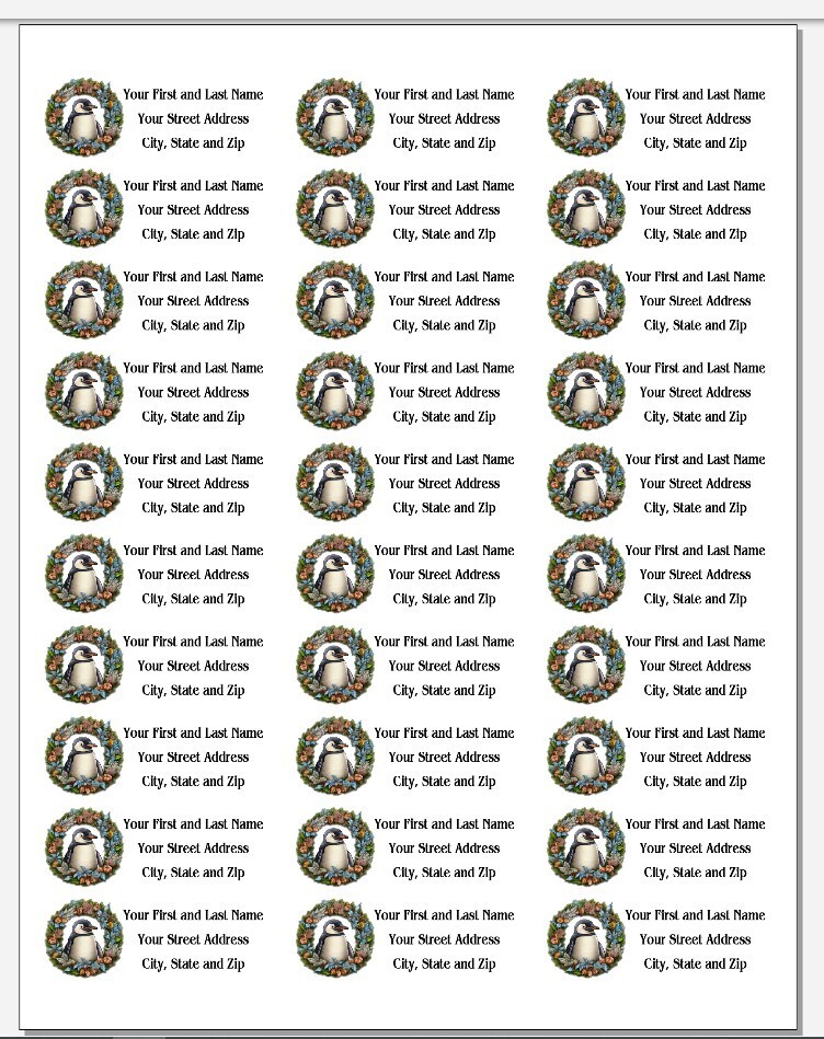 150 Christmas Penguin Wreath Mailing Return Address Labels Personalized
