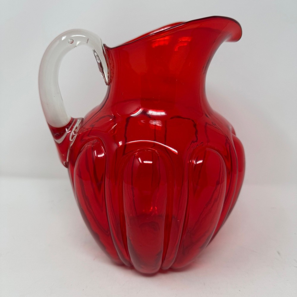 Fostoria Bulging Loops Pitcher Red Glass Hand Blown Clear Handle