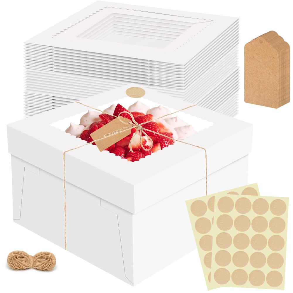 16 Pcs Cake Boxes, 12x12x8 Inch White Bakery Boxes with Window, Large Square ...