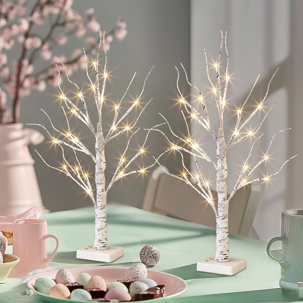 Easter Decorations, 2FT Birch Tree with LED Lights, Warm White Light up Tree ...