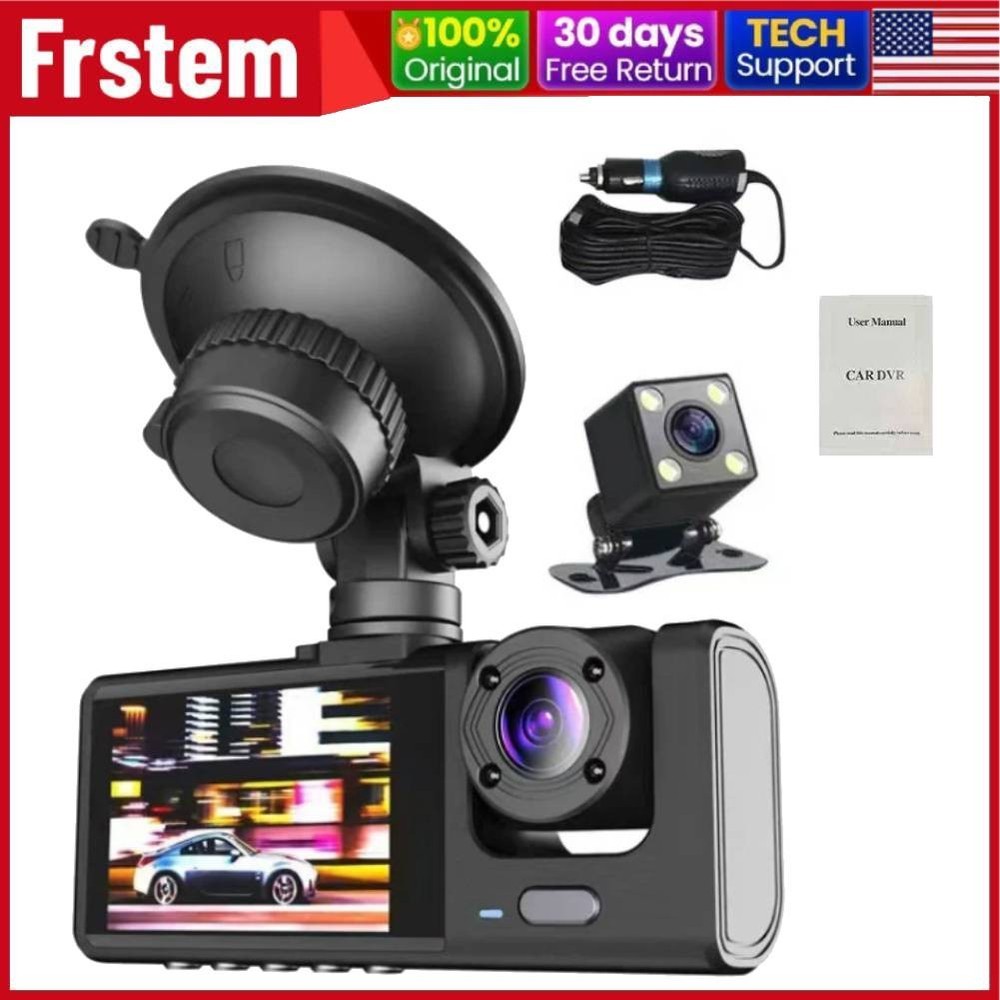 3-Lens 1080P Dash Cam w/ 32GB Card | Front+Rear+Inside, Night Vision, G-Sensor.