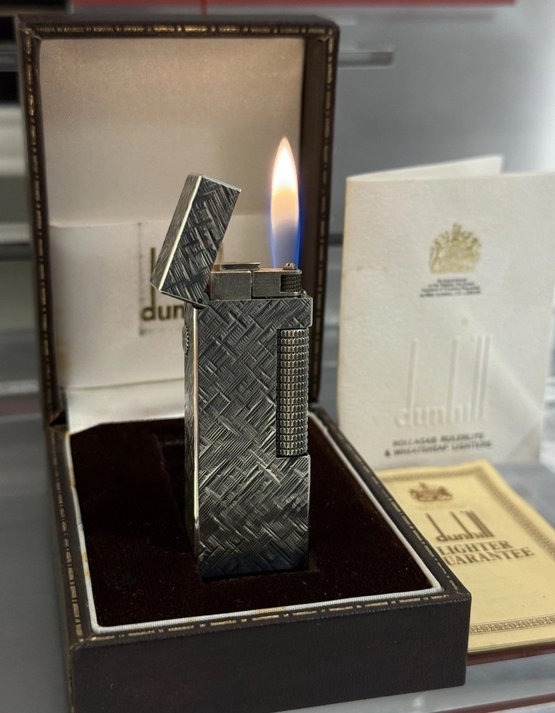 Vintage Dunhill Rollagas Silver Plated Lighter Textured Pattern Boxed