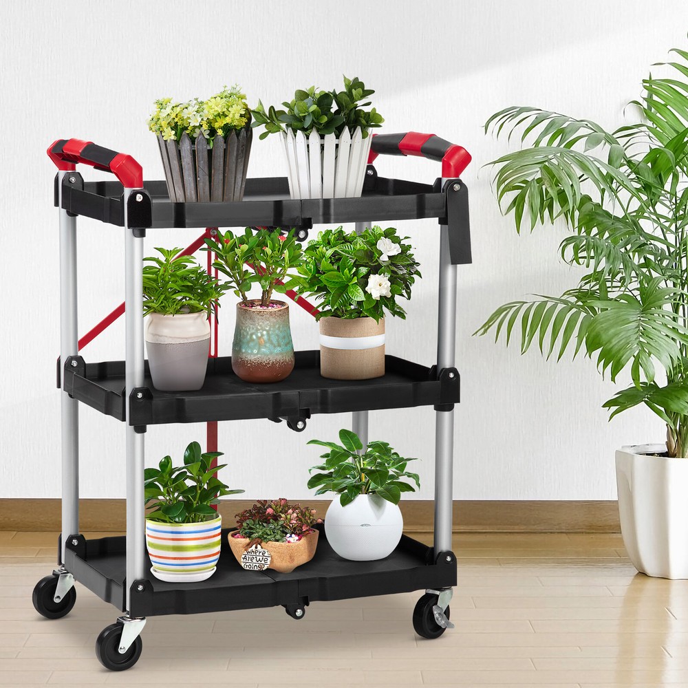 Heavy Duty Utility Cart Multi-Function 3-tier Service Cart with Wheels Foldable