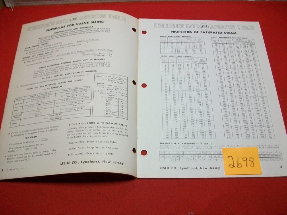 COLLECT VINTAGE LESLIE CO. ENGINEERING DATA-REFERENCE TABLES INFORMATION BOOKLET