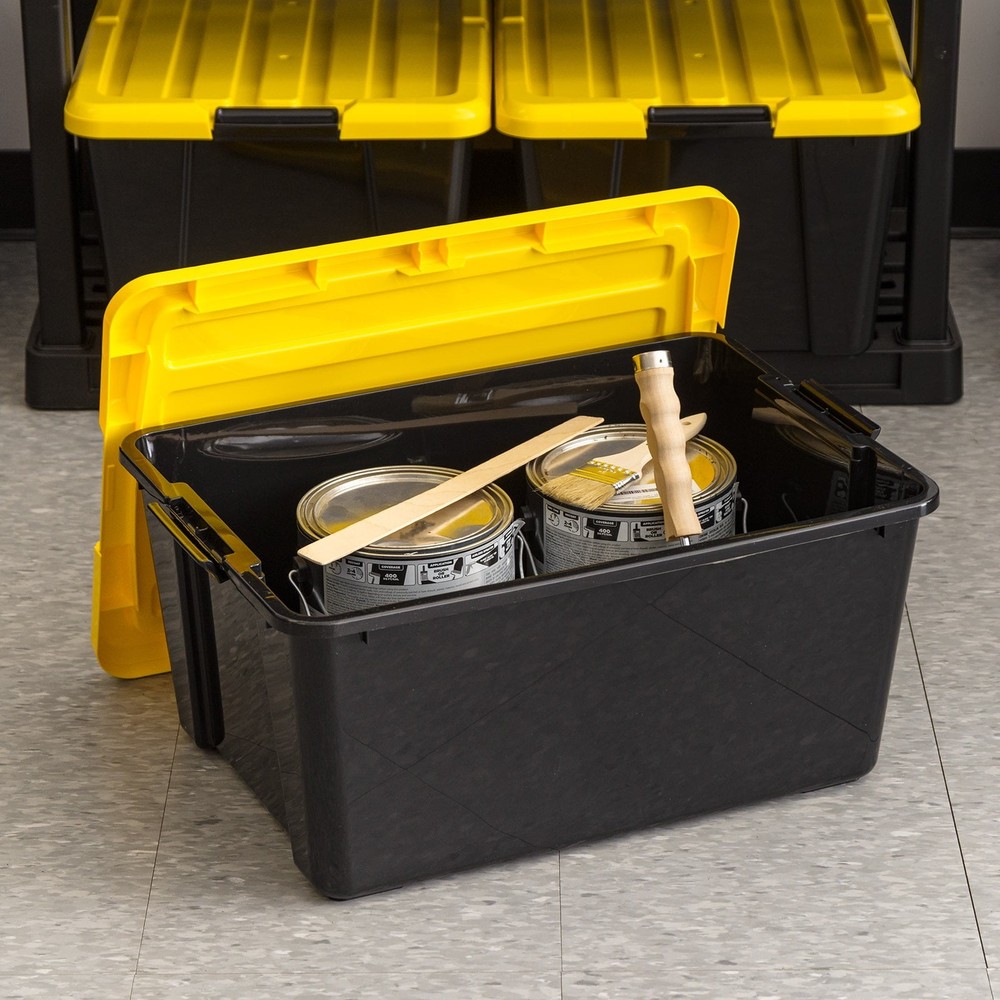 45 Qt Black Plastic Stackable Storage Bin with Lid Tote, 4-Pack