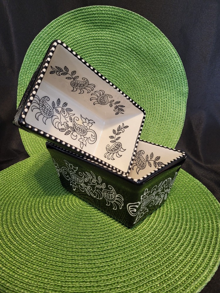 2 Baum Stoneware Oven To Table Black And White Paisley Mini Bread Pan